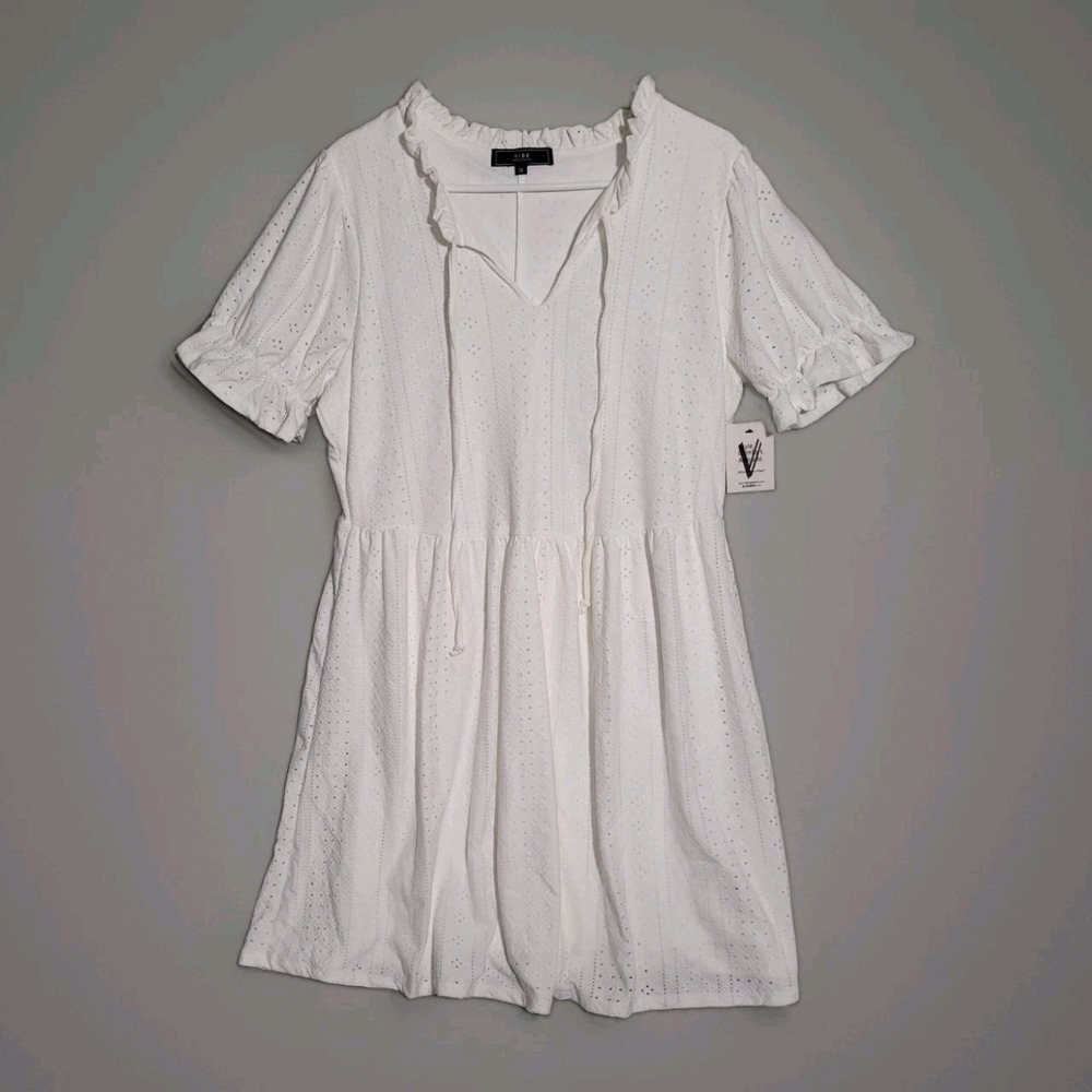 Vibe Sportswear 1X White Eyelet Dress Boho Peasant Tie Neck Short Sleeve Plus